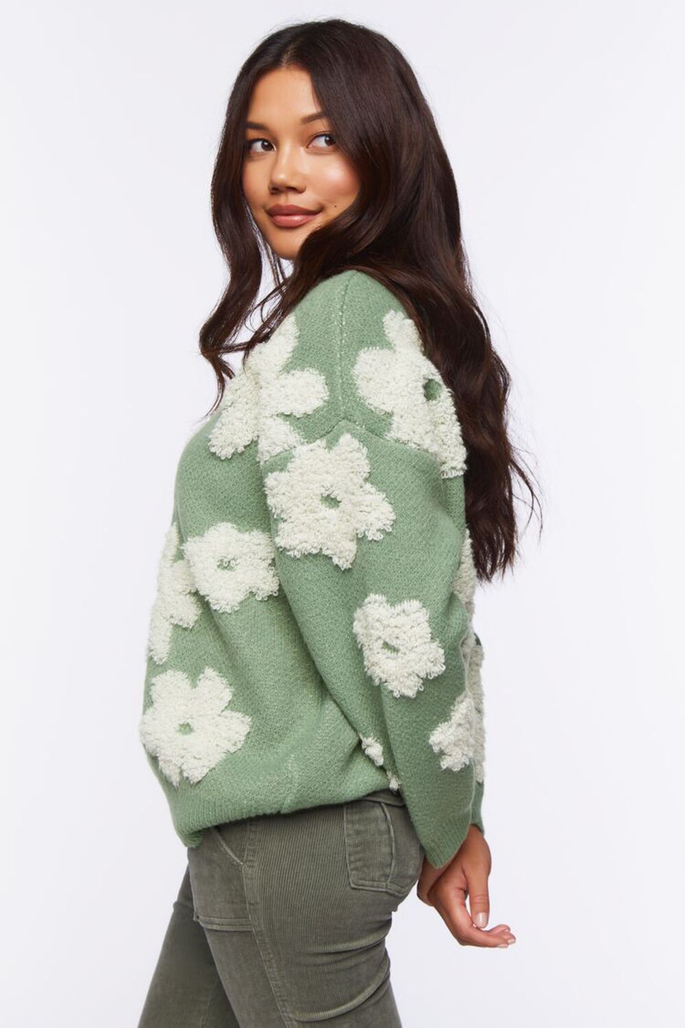 SAGE/WHITE Textured Flower Sweater, image 2