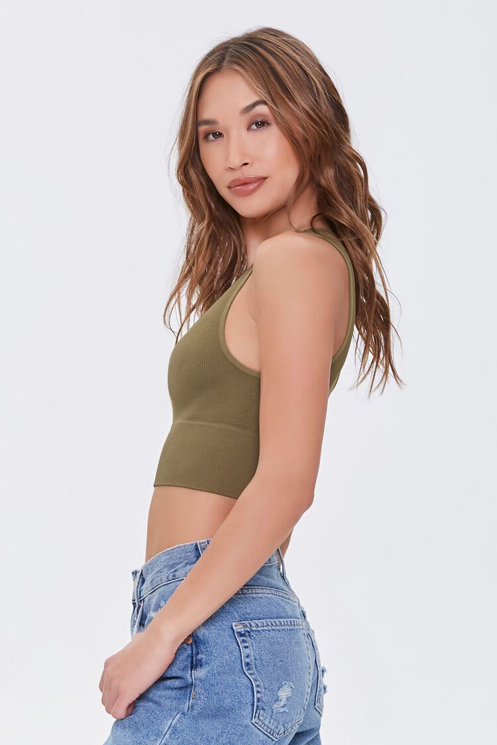 DARK OLIVE Cropped Ribbed Knit Tank Top, image 2