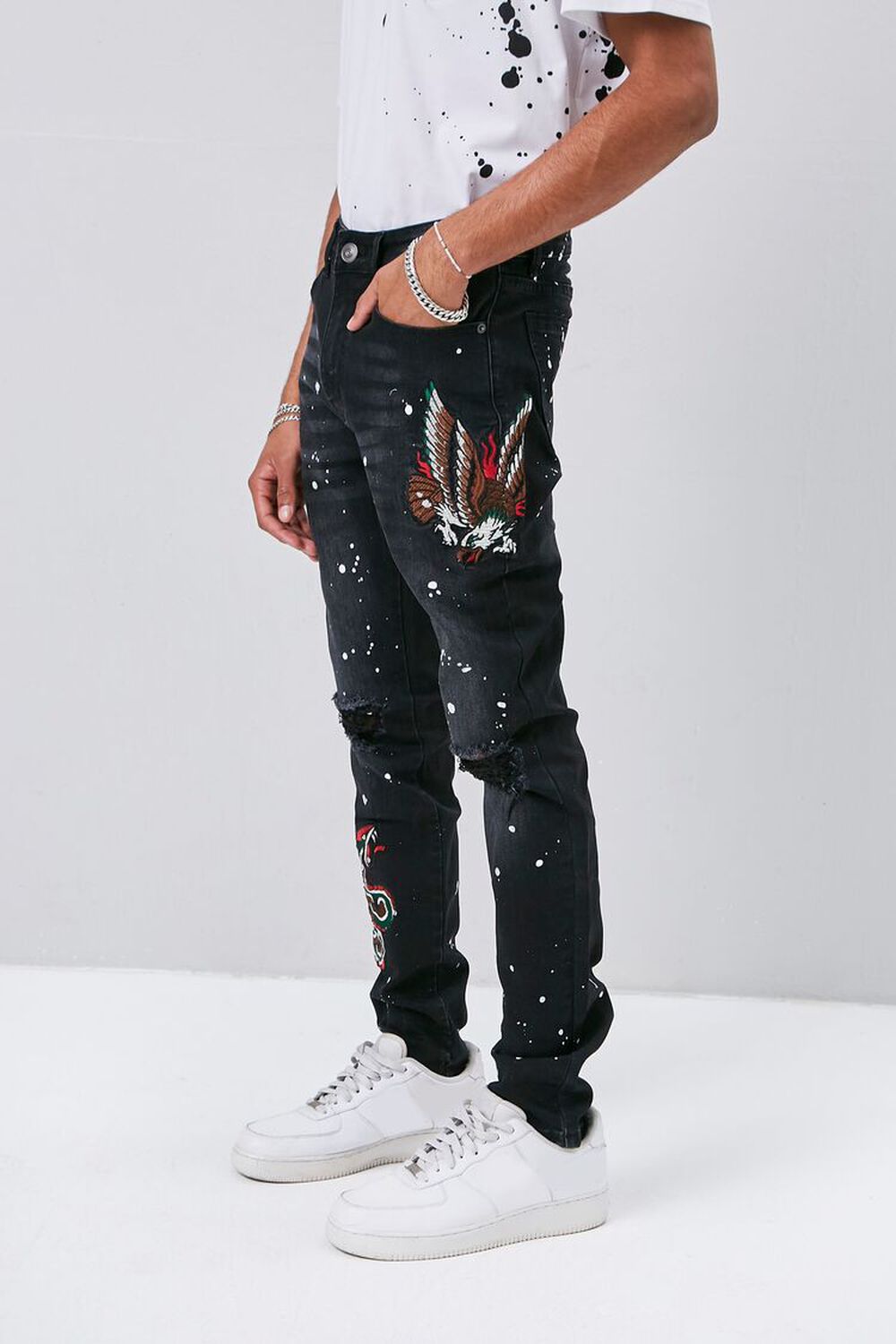BLACK/MULTI Embroidered Graphic Paint Splatter Jeans, image 1
