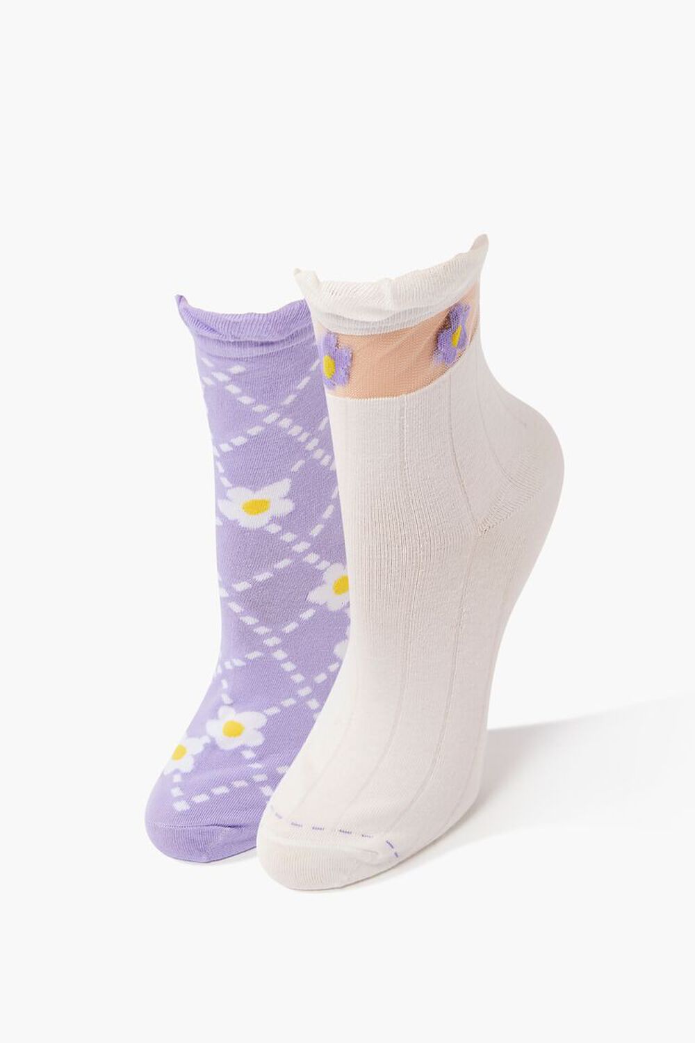 PURPLE/WHITE Floral Crew Socks Set - 2 pack, image 1