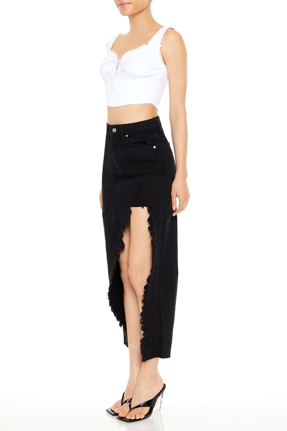 BLACK Frayed Denim Midi Skirt, image 2