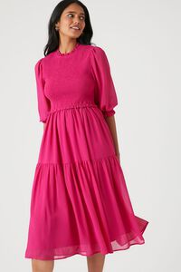 BERRY Smocked Chiffon Peasant-Sleeve Dress, image 4