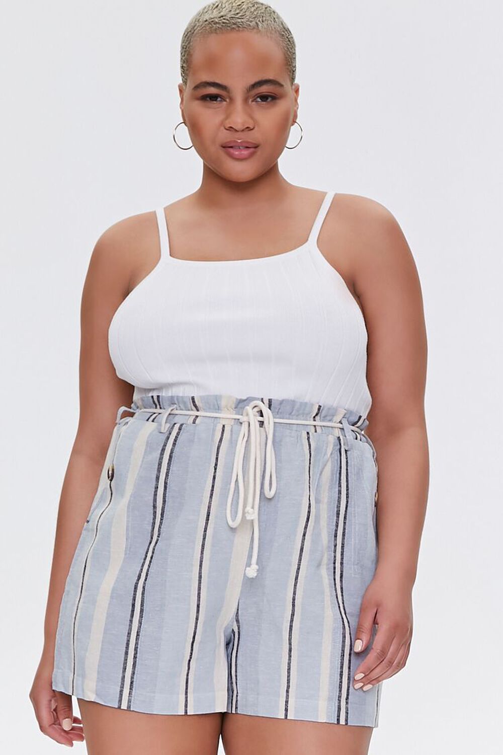 BLUE/MULTI Plus Size Striped Linen-Blend Shorts, image 1