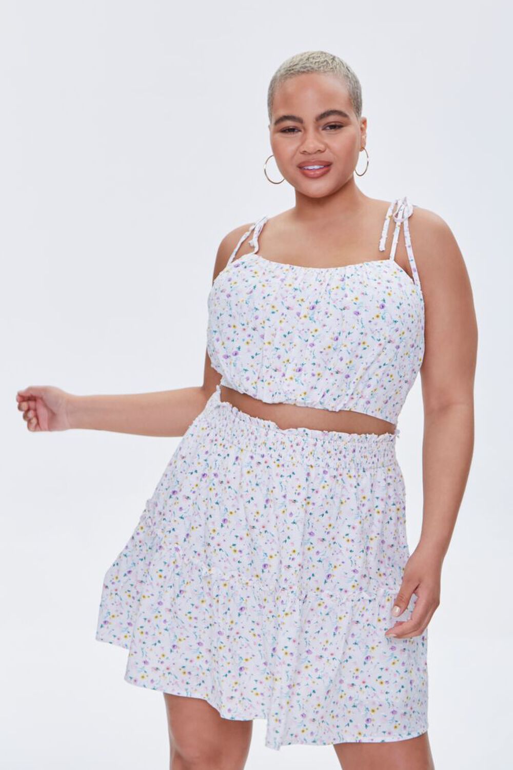 WHITE/MULTI Plus Size Floral Print Mini Skirt, image 1