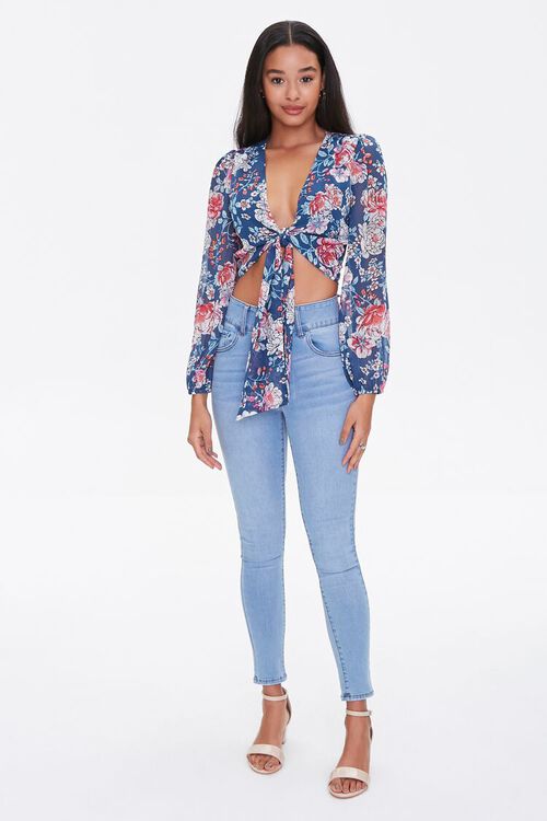 NAVY/MULTI Tropical Leaf Tie-Front Top, image 5