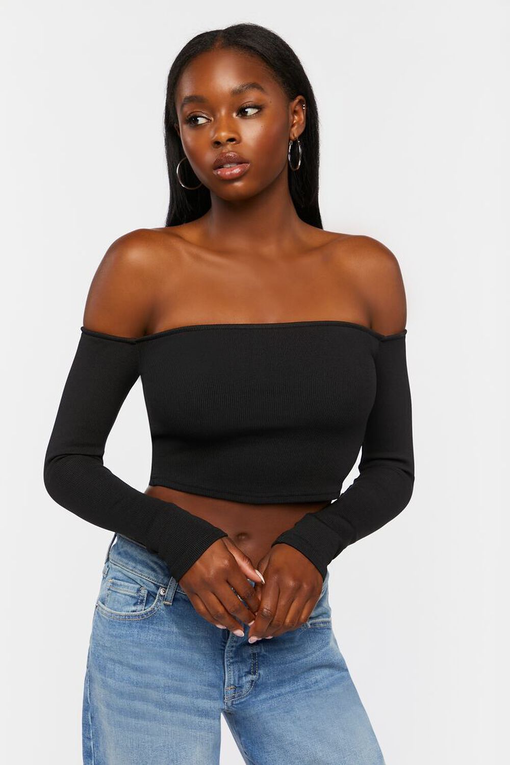 ASOS DESIGN long sleeve off shoulder crop top with skinny straps in stone