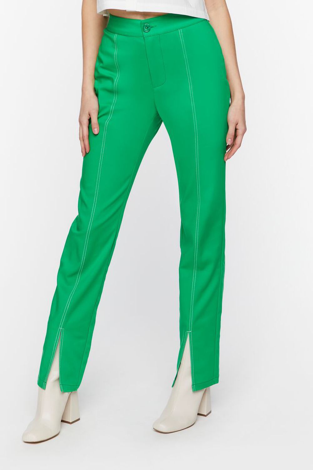 GREEN/WHITE Contrast-Trim Split-Hem Pants, image 2