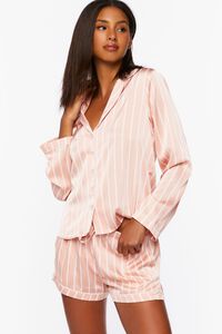 BLUSH/WHITE Satin Pinstripe Shirt & Shorts Pajama Set, image 1