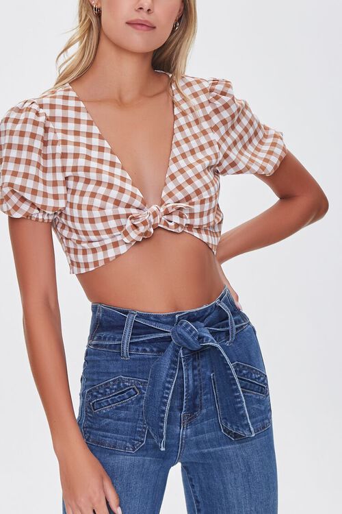 CAMEL/WHITE Gingham Tie-Front Crop Top, image 1