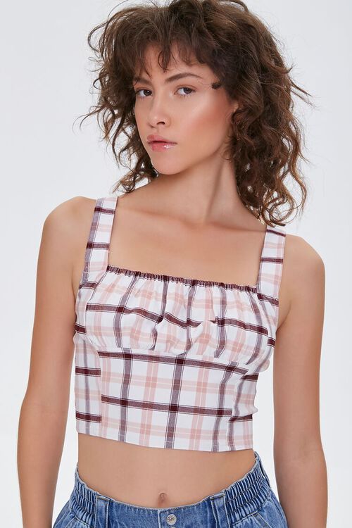 WHITE/MULTI Ruched Plaid Crop Top, image 1