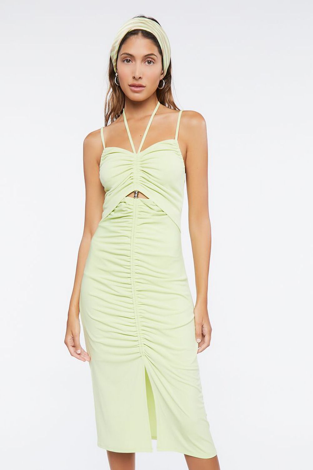 WILD LIME Ruched Cutout Halter Midi Dress, image 1