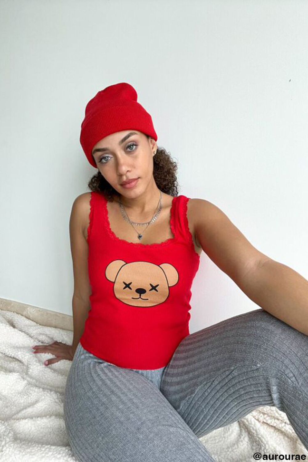 RED/MULTI Teddy Bear Graphic Thermal Tank Top, image 1