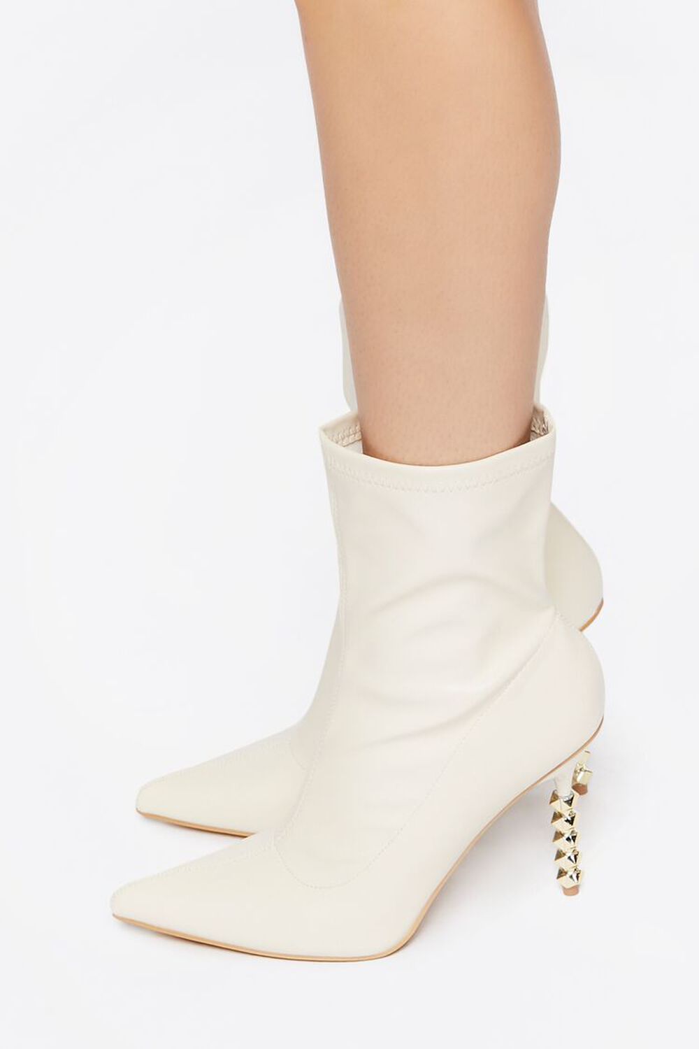 WHITE Faux Leather Studded Heel Booties, image 2