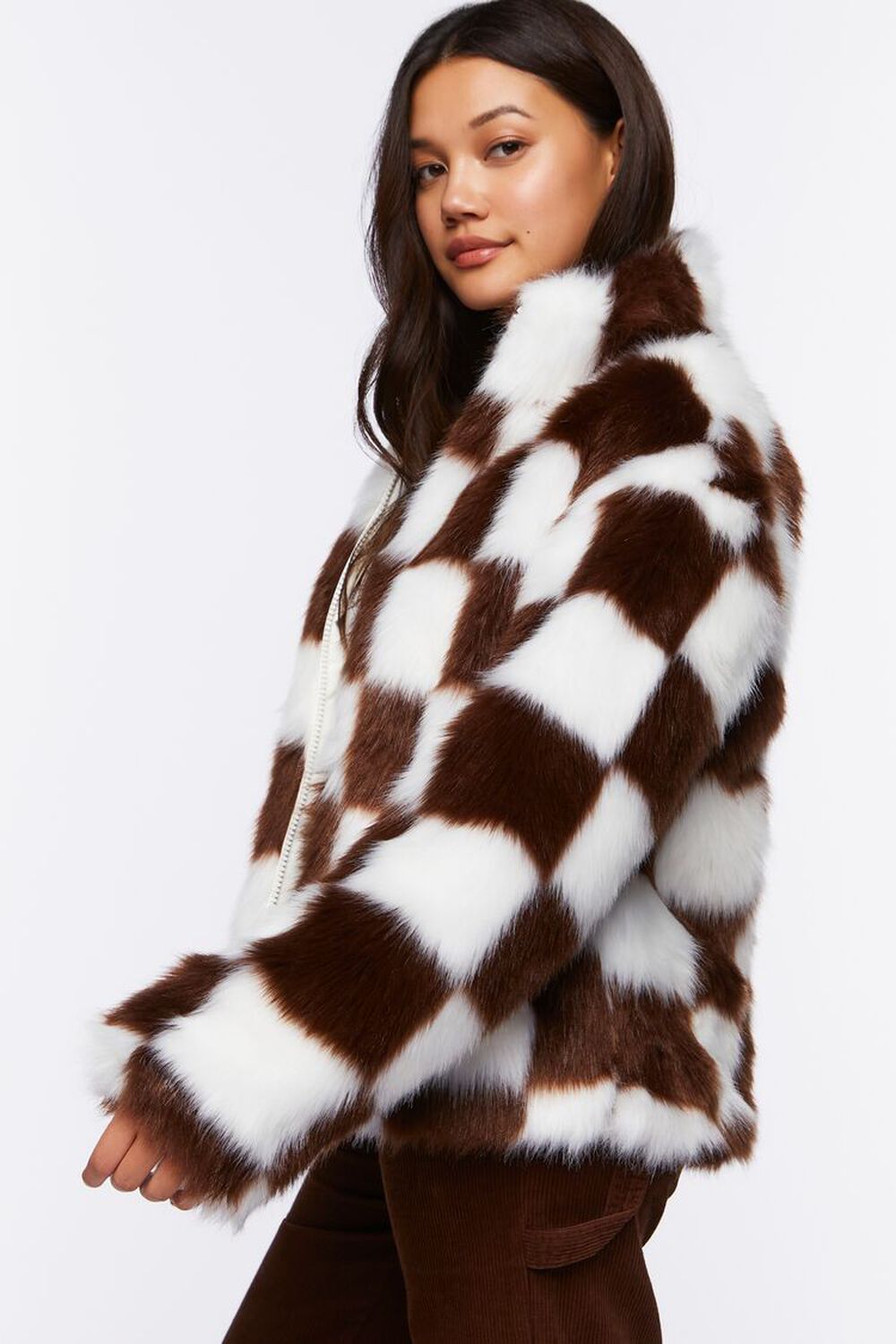 DARK BROWN/WHITE Checkered Faux Fur Coat, image 2