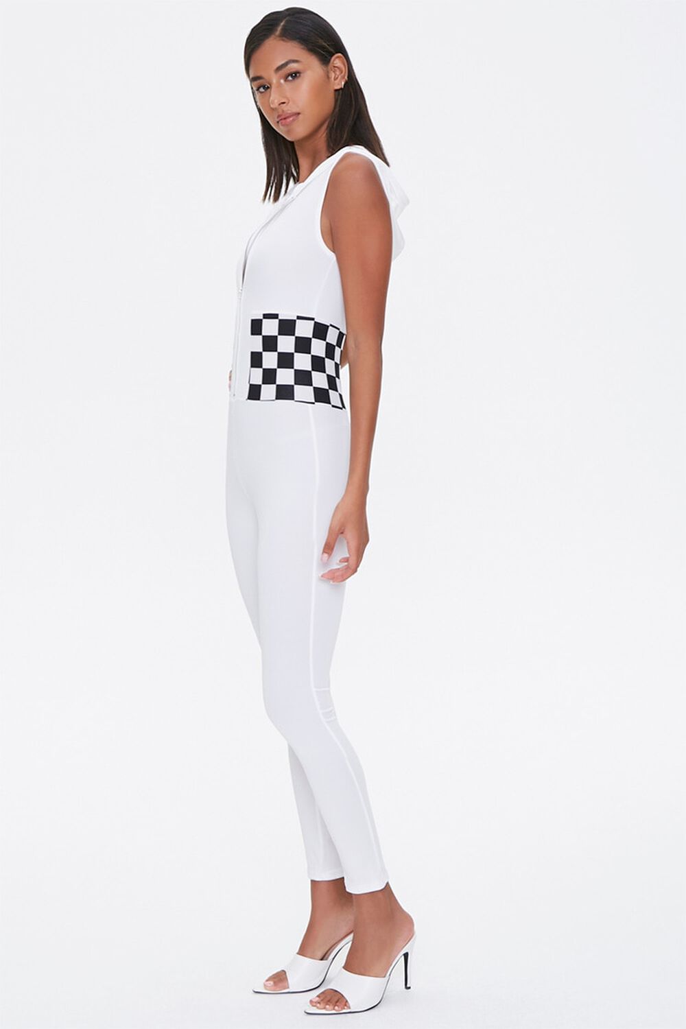WHITE/BLACK Hooded Checker Jumpsuit, image 2