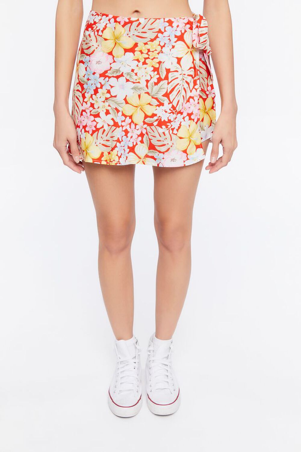 Tropical Floral Print Wrap Mini Skirt, image 2