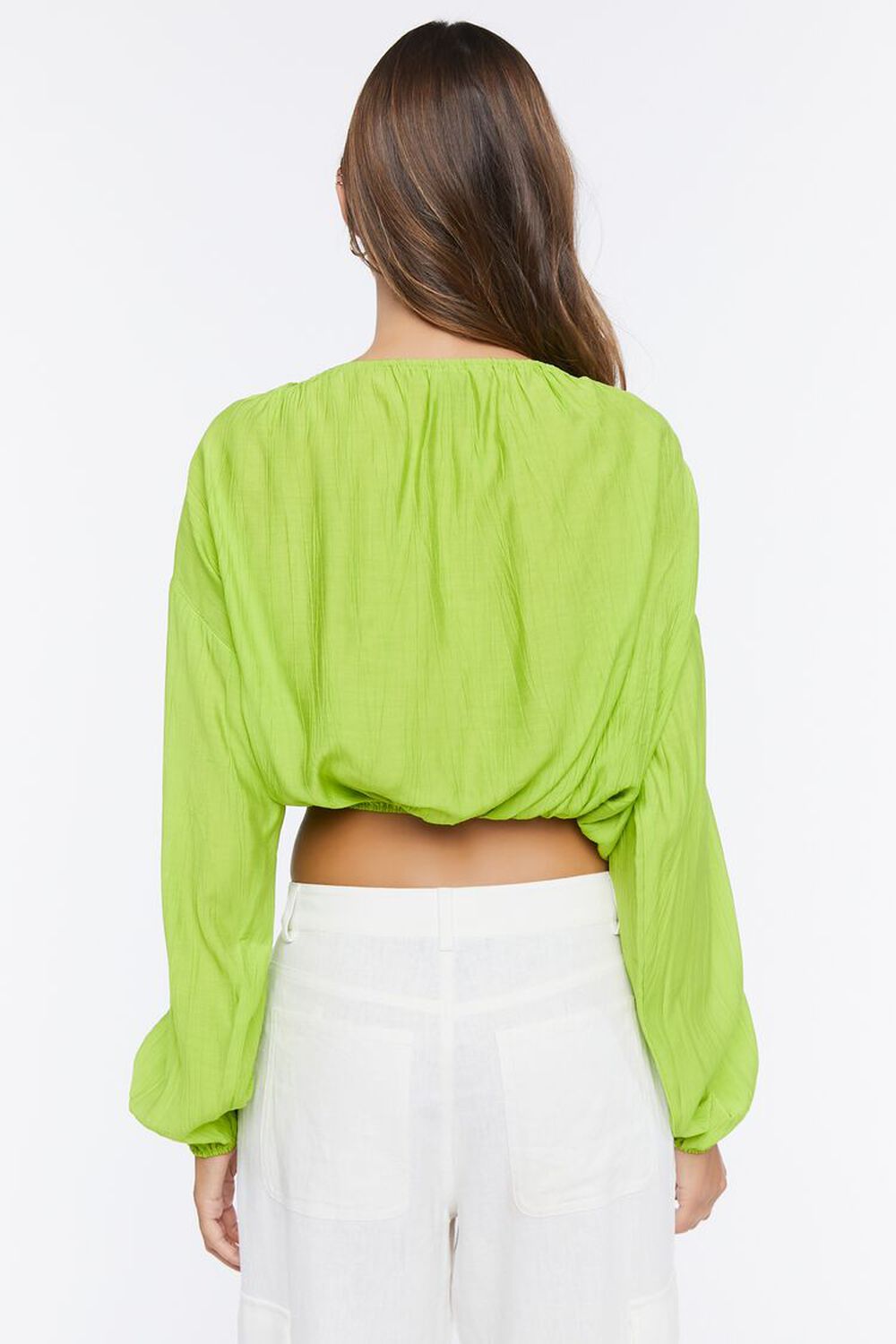 GREEN APPLE Peasant-Sleeve Ruched Crop Top, image 3