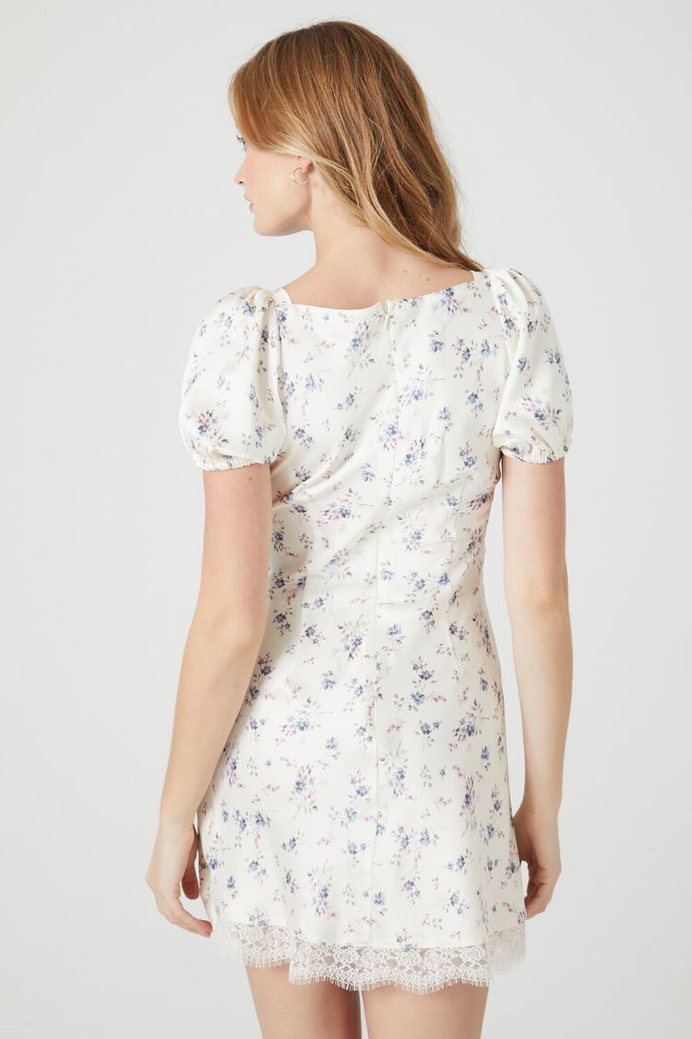 Satin Floral Puff-Sleeve Mini Dress