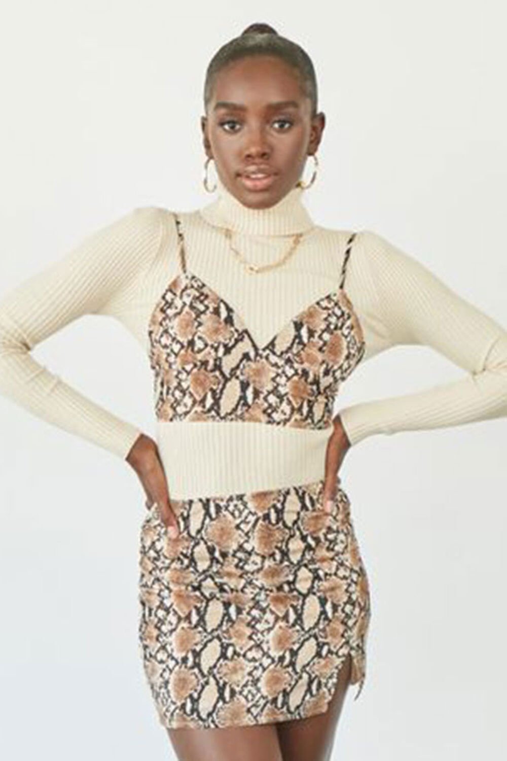 BROWN/MULTI Faux Cropped Cami & Mini Skirt Set, image 1