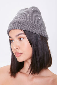 CHARCOAL Faux Pearl Ribbed Beanie, image 1