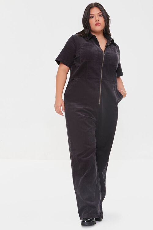 BLACK Plus Size Corduroy Zip-Up Jumpsuit, image 2