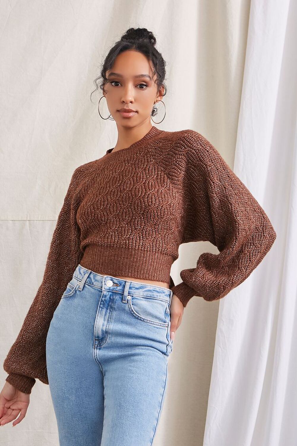 BROWN Cable Knit Self-Tie Sweater, image 1