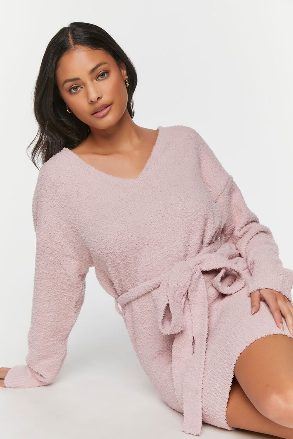 PETAL PINK Fuzzy Knit Belted Sweater Dress, image 1