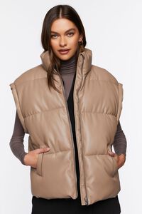 TAUPE Faux Leather Zip-Up Puffer Vest, image 1
