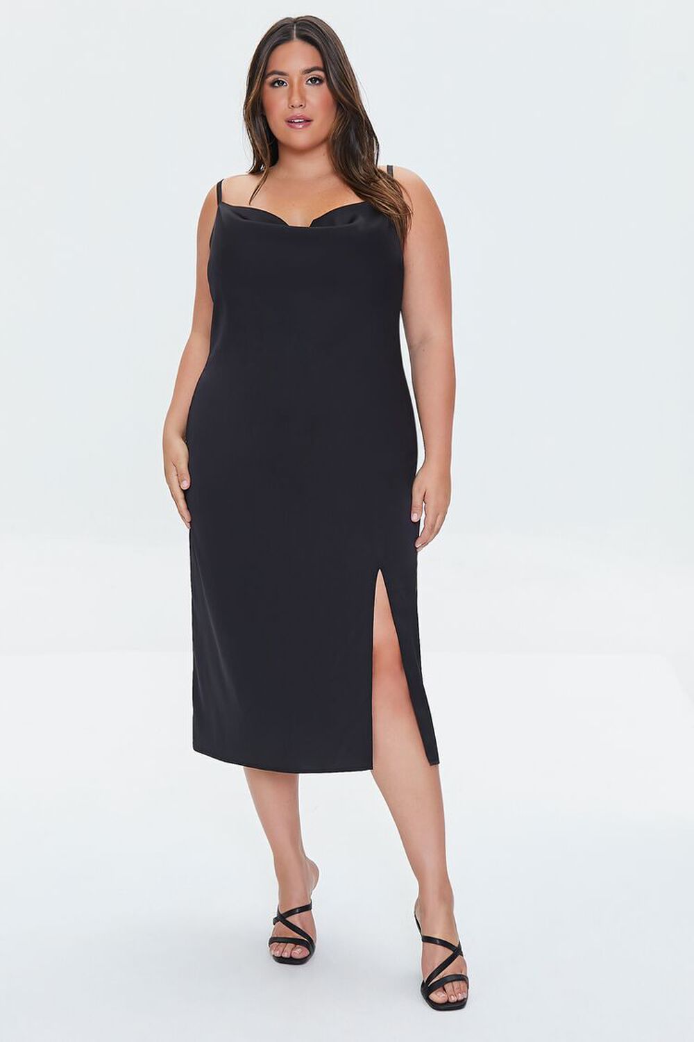 BLACK Plus Size Satin Cowl Slip Dress, image 1