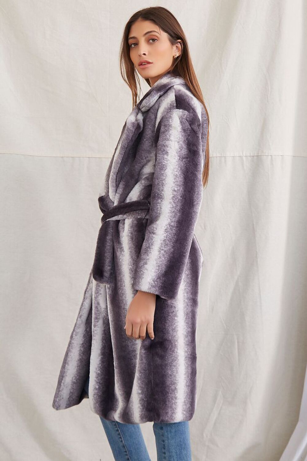 CHARCOAL/WHITE Belted Faux Fur Longline Coat, image 2