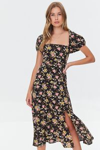 BLACK/MULTI Floral Print Lace-Back Satin Dress, image 4