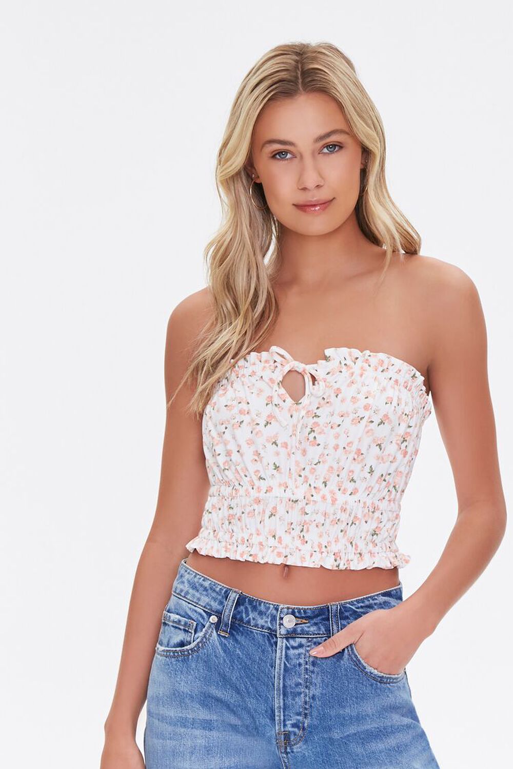 IVORY/PEACH  Floral Print Tube Top, image 1