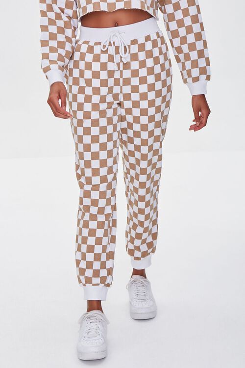TAUPE/WHITE Checkered Print Joggers, image 2
