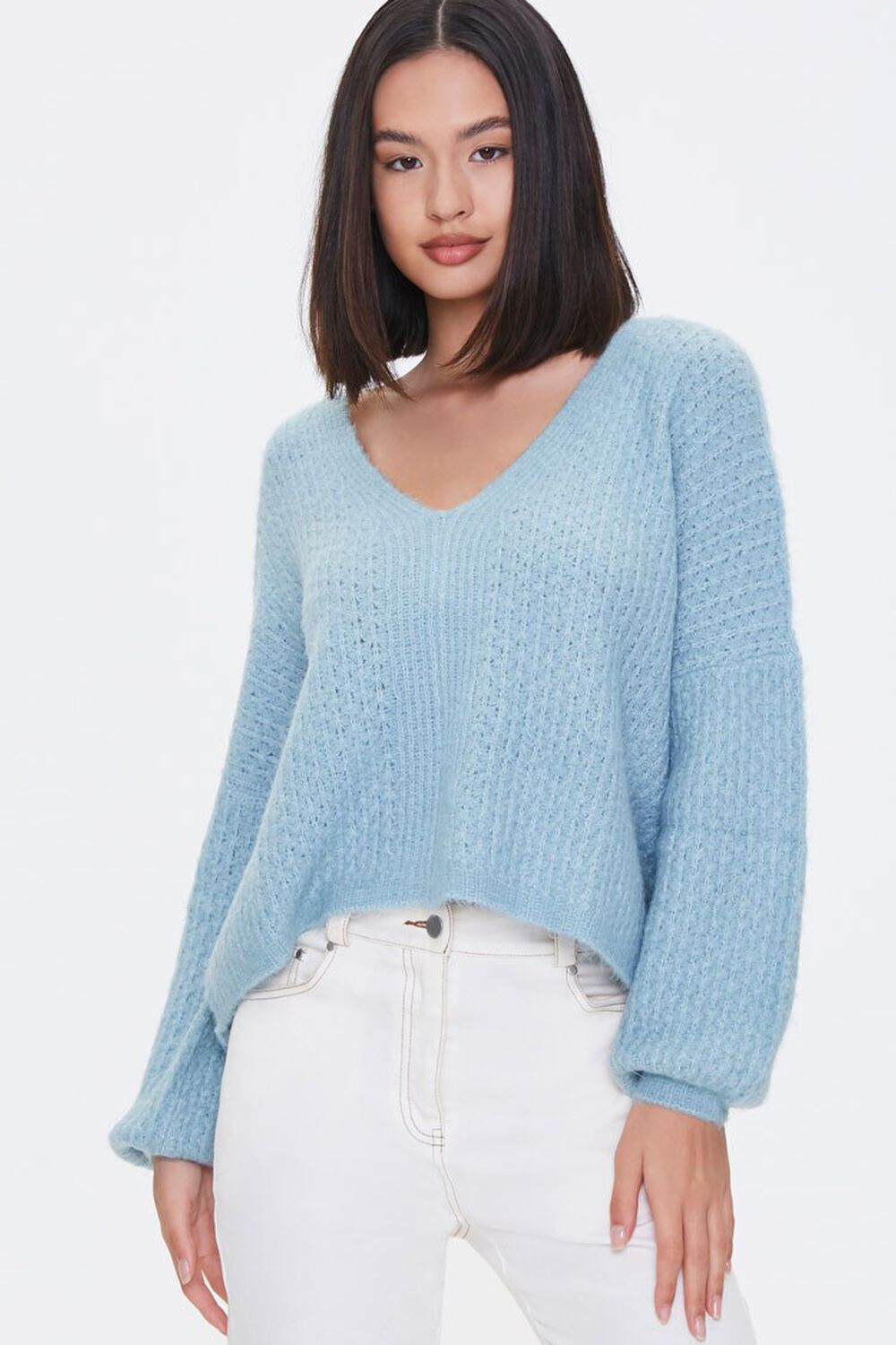 LIGHT BLUE Open-Knit V-Neck Sweater, image 1
