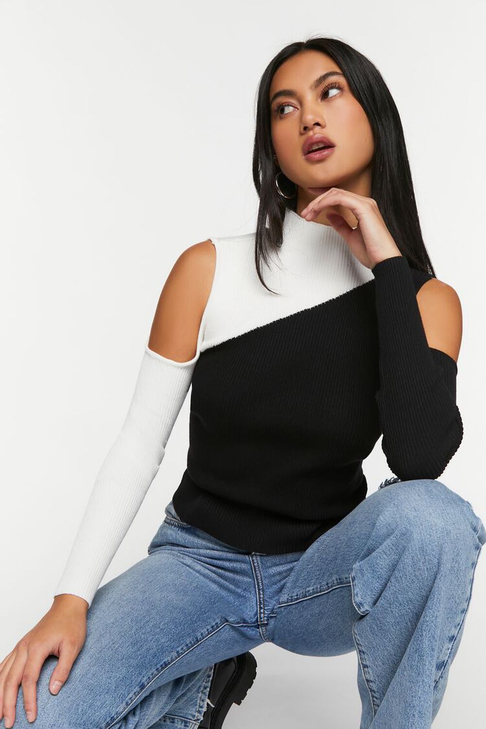 BLACK/VANILLA Open-Shoulder Colorblock Sweater, image 1