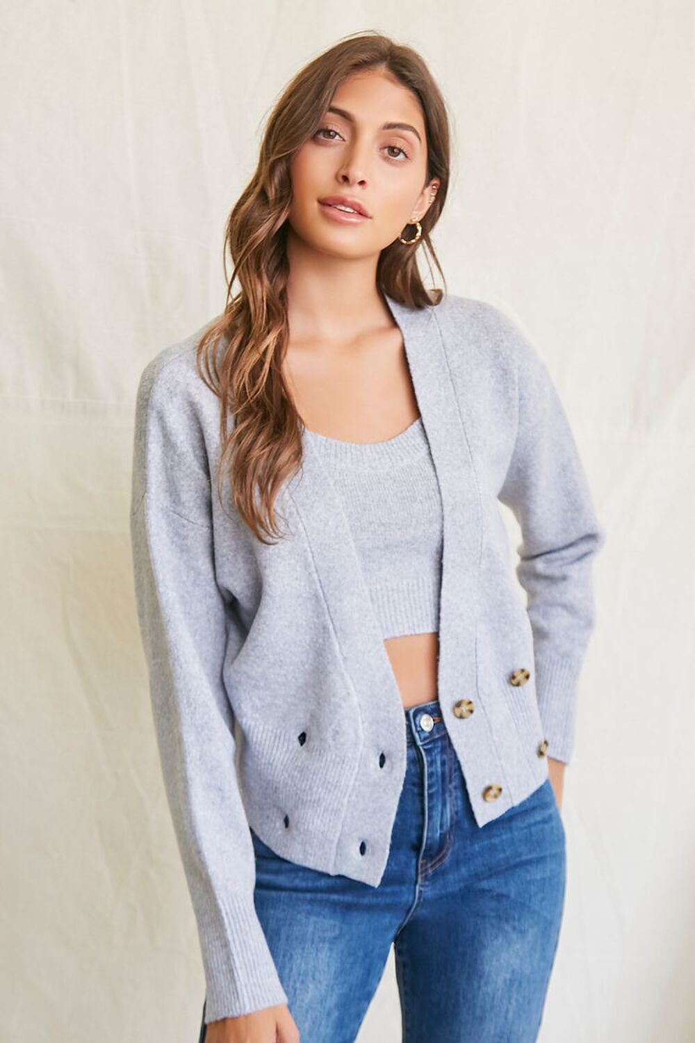 HEATHER GREY Recycled Double-Breasted Cardigan Sweater, image 1