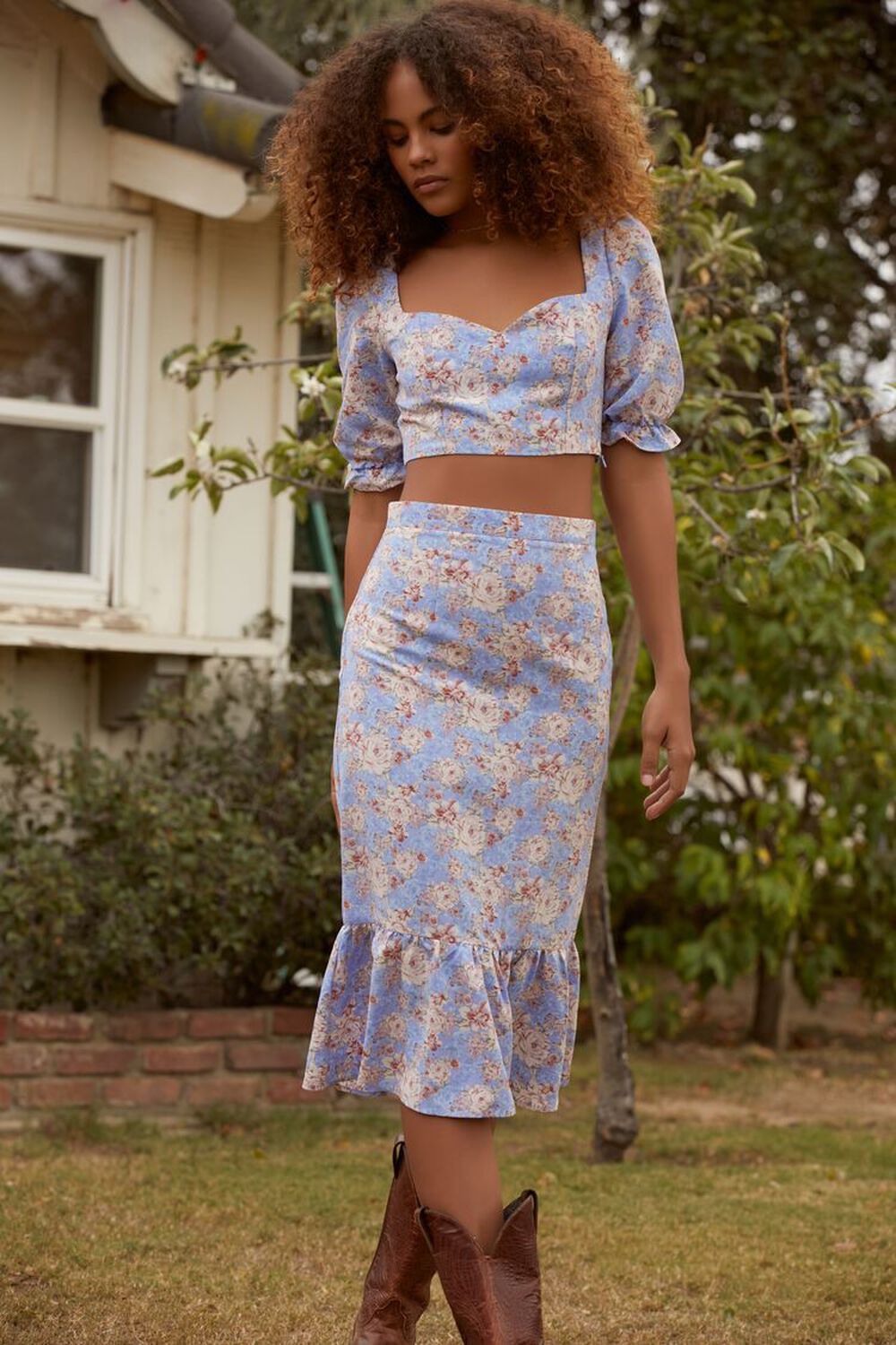 BLUE/MULTI Floral Crop Top & Skirt Set, image 1