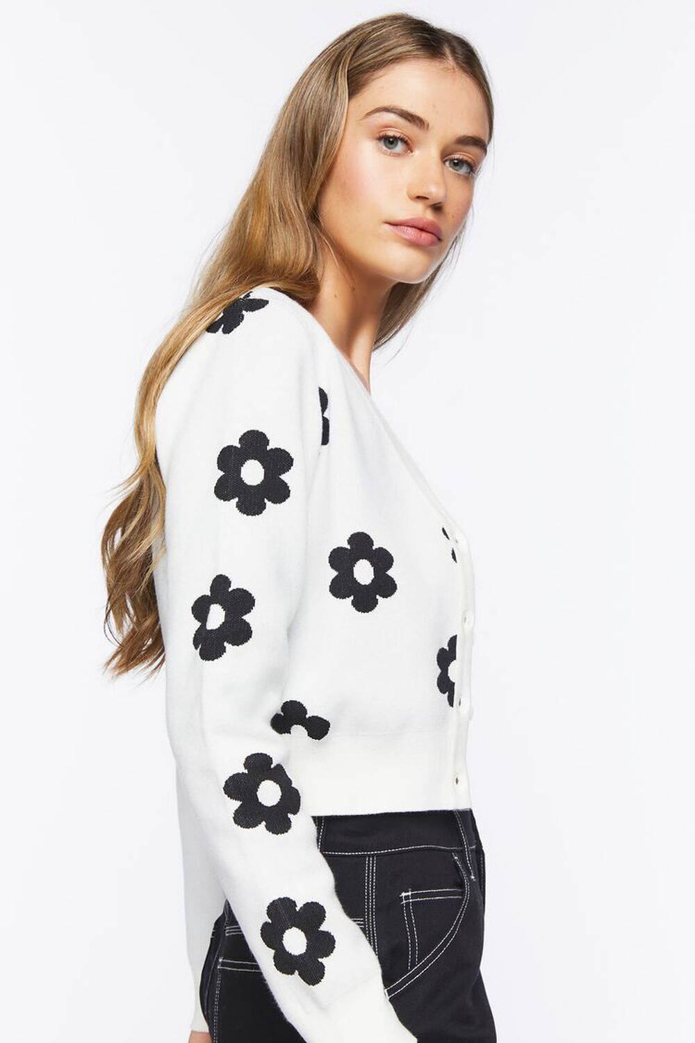 WHITE/BLACK Floral Print Cardigan Sweater, image 2