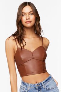 DARK COCOA Faux Leather Sweetheart Cropped Cami, image 1