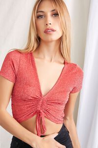 RED/SILVER Glitter Knit Ruched Crop Top, image 1