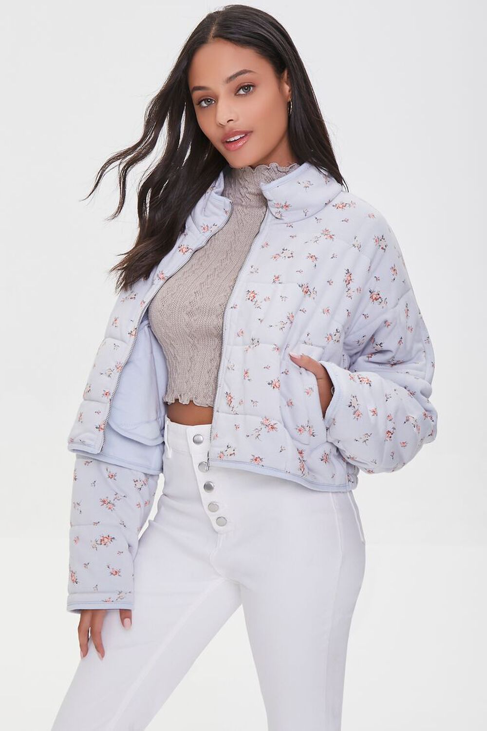 LIGHT BLUE/MULTI Floral Print Zip-Up Quilted Jacket, image 1