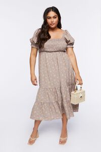 TAUPE/MULTI Plus Size Floral Puff-Sleeve Dress, image 1