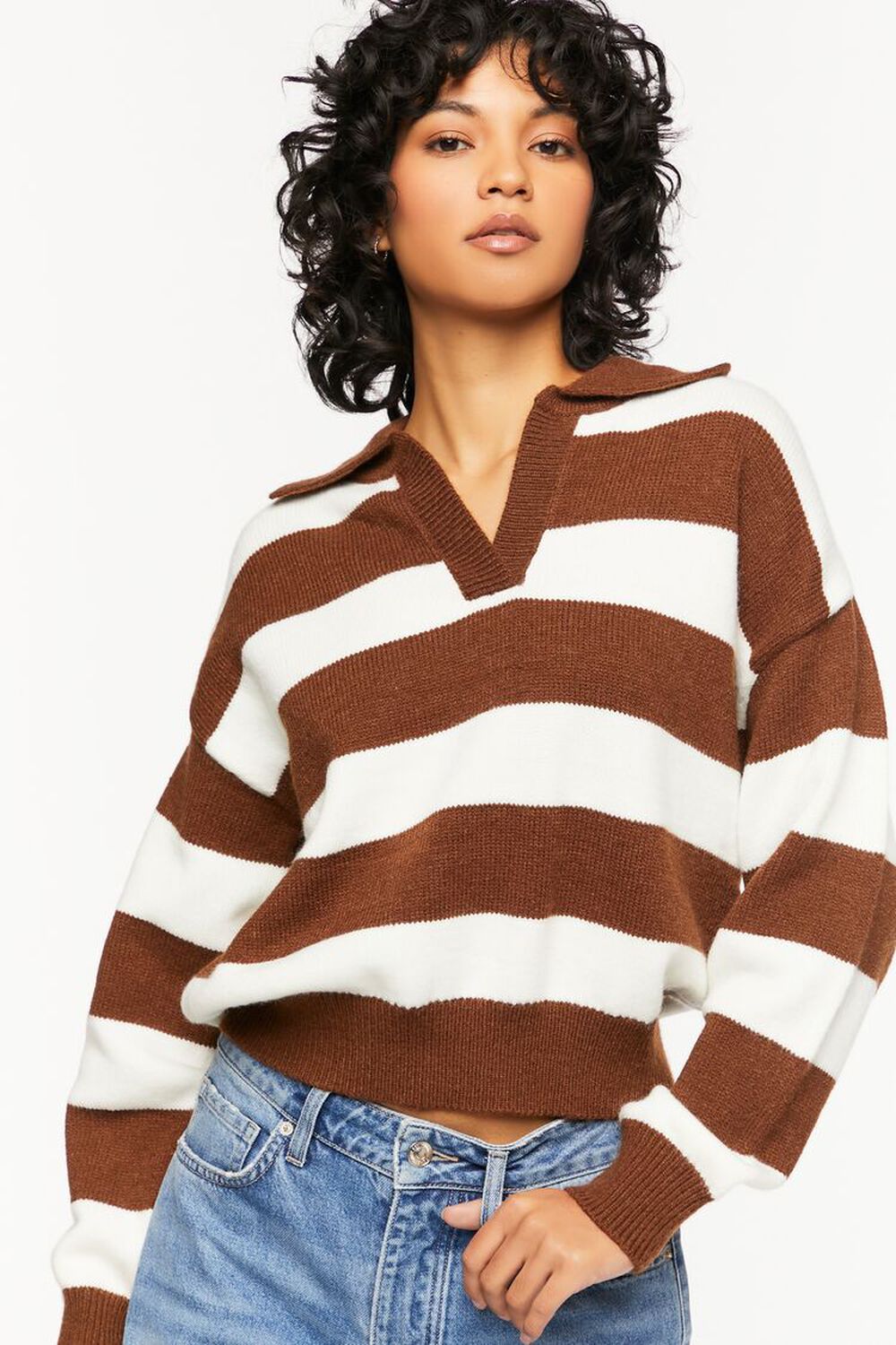 BROWN/CREAM Striped Collared Sweater, image 1