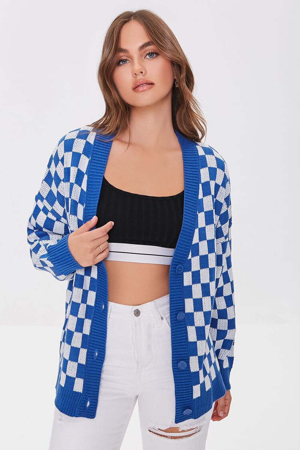 BLUE/CREAM Checkered Cardigan Sweater, image 1