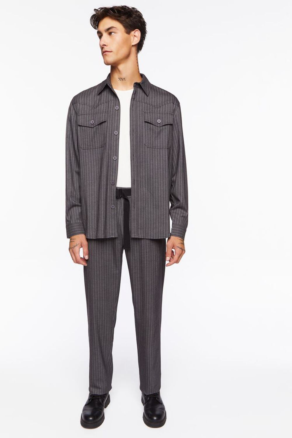 CHARCOAL/WHITE Pinstriped Belted Trousers, image 1