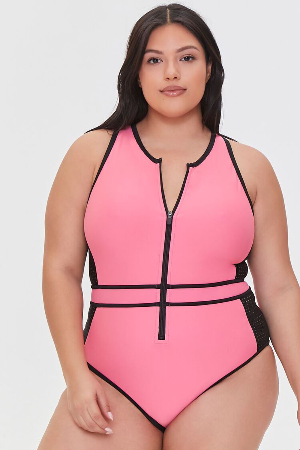 PINK Plus Size Zip-Up One-Piece Swimsuit, image 1