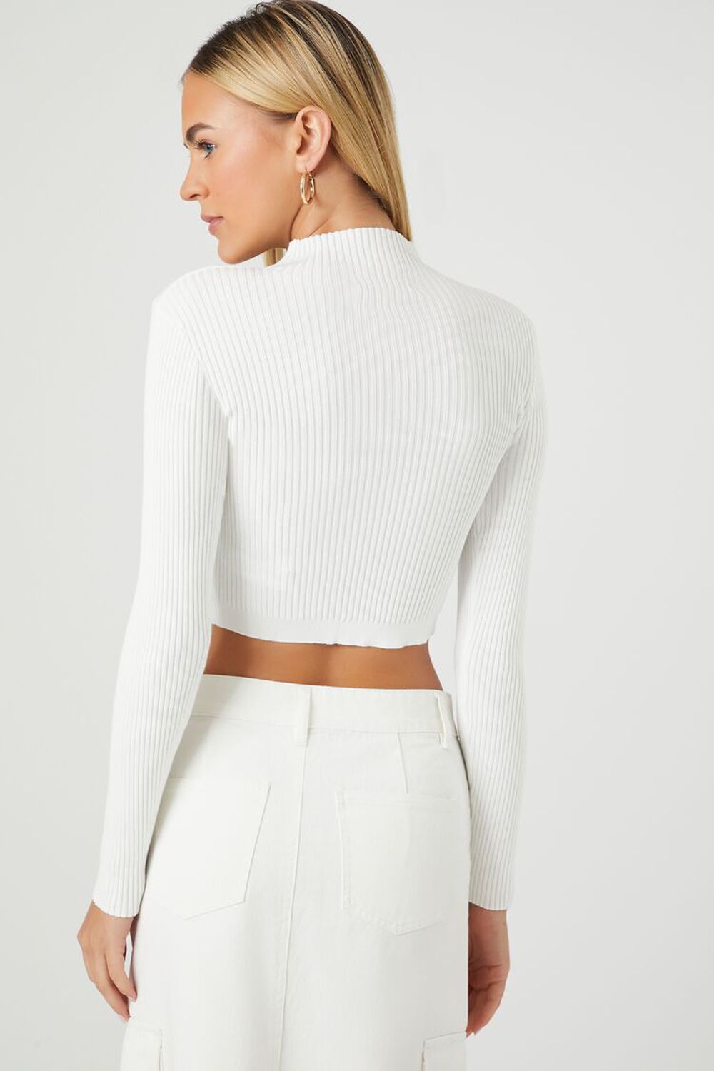 WHITE Ribbed Mock Neck Sweater-Knit Crop Top, image 3