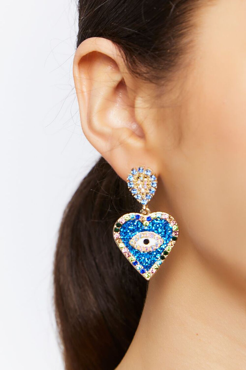 GOLD/BLUE Faux Gem Heart Drop Earrings, image 1