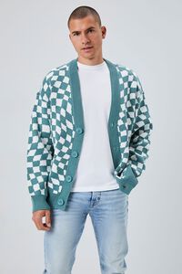 GREEN/WHITE Checkered Cardigan Sweater, image 2