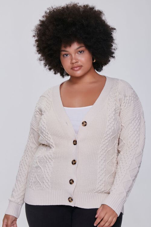 BEIGE Plus Size Fisherman Cardigan Sweater, image 1